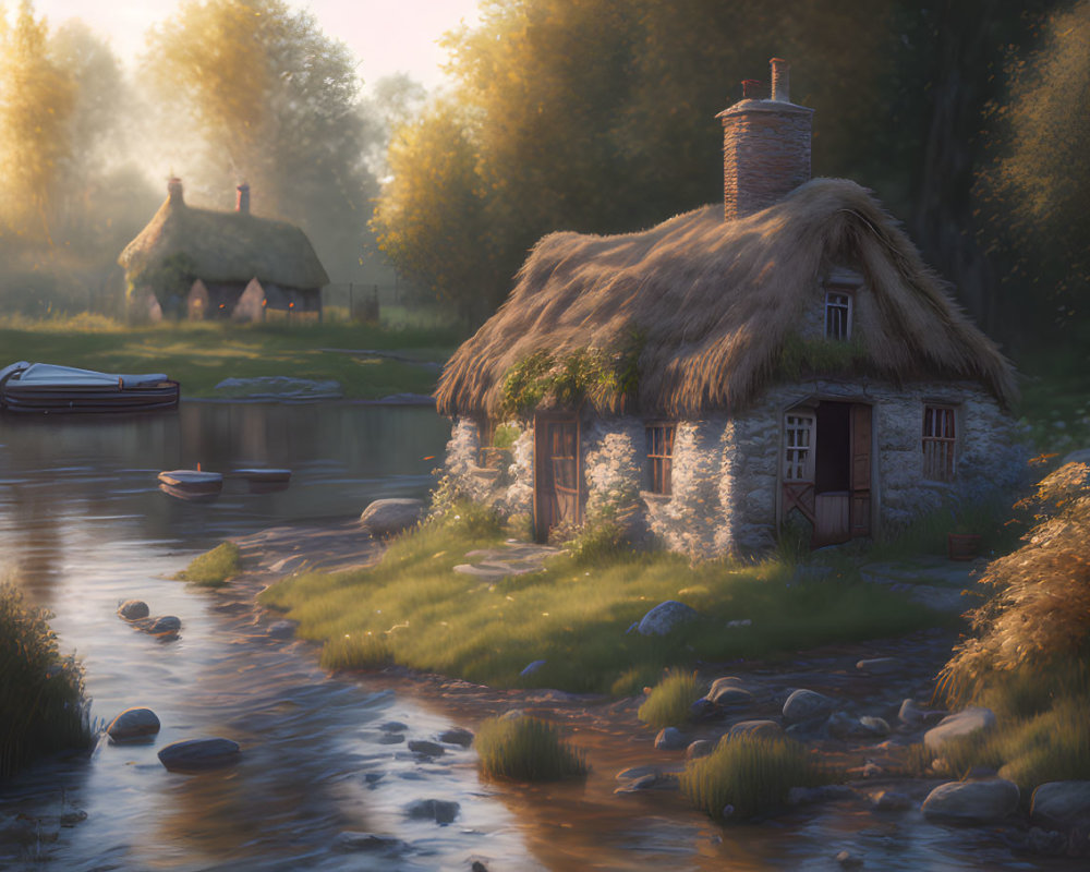 Tranquil sunset scene: Thatched cottages, river, boat, lush foliage