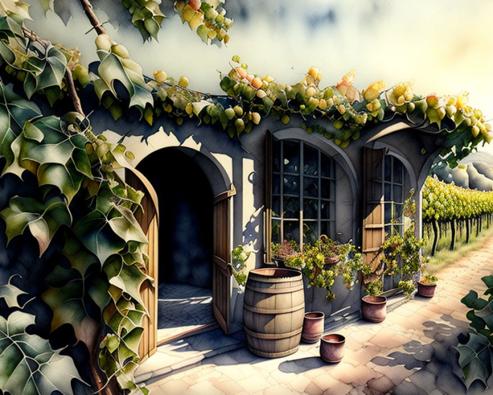 Quaint vine-covered cottage with barrel, potted plants, vineyard, sunny sky