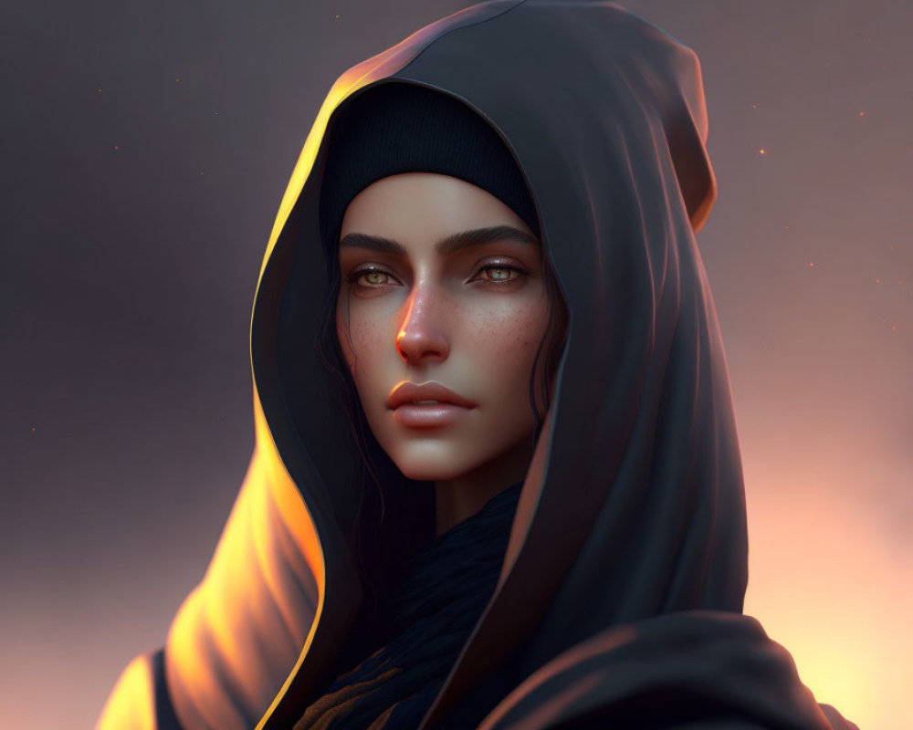Striking woman in hood against warm backdrop