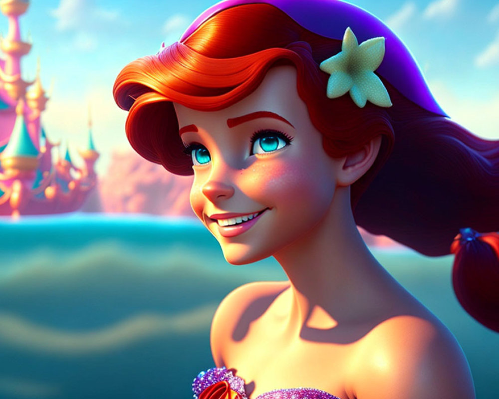 Red-haired animated mermaid with purple seashell top in sea and castle setting