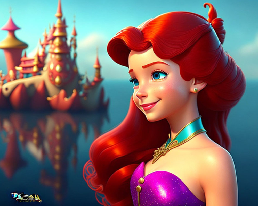 Animated red-haired princess in purple dress with gold necklace and whimsical castle in background reflected on water
