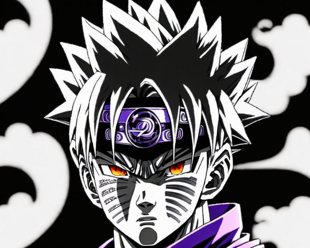 Anime character with spiky hair, headband, red eyes, and bold black & white contrast