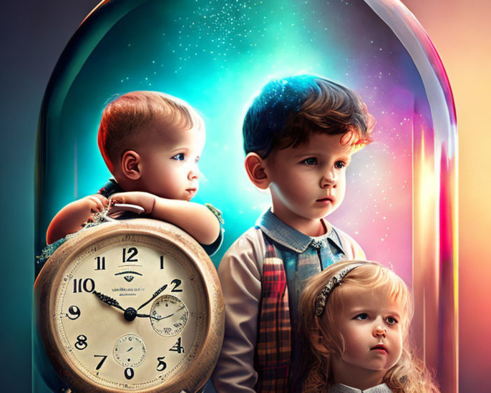 Children observing antique pocket watch under glass dome with cosmic backdrop