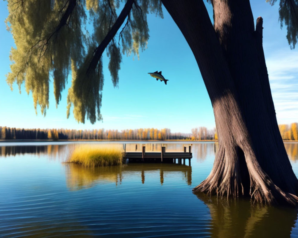 Tranquil lake scene with wooden dock, tree, and leaping fish