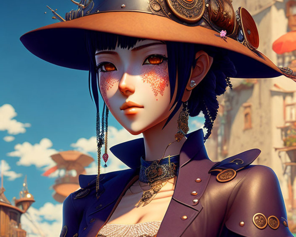 Female digital illustration: Short black hair, steampunk hat, ornate accessories.