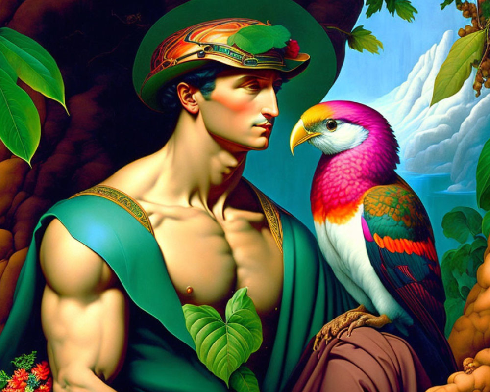 Colorful digital artwork: man in classical attire with parrot on shoulder