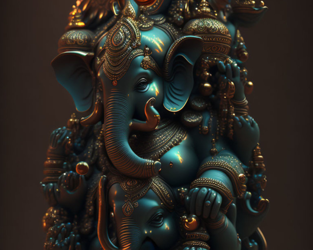 Detailed Digital Illustration of Ganesha with Sun-like Aura
