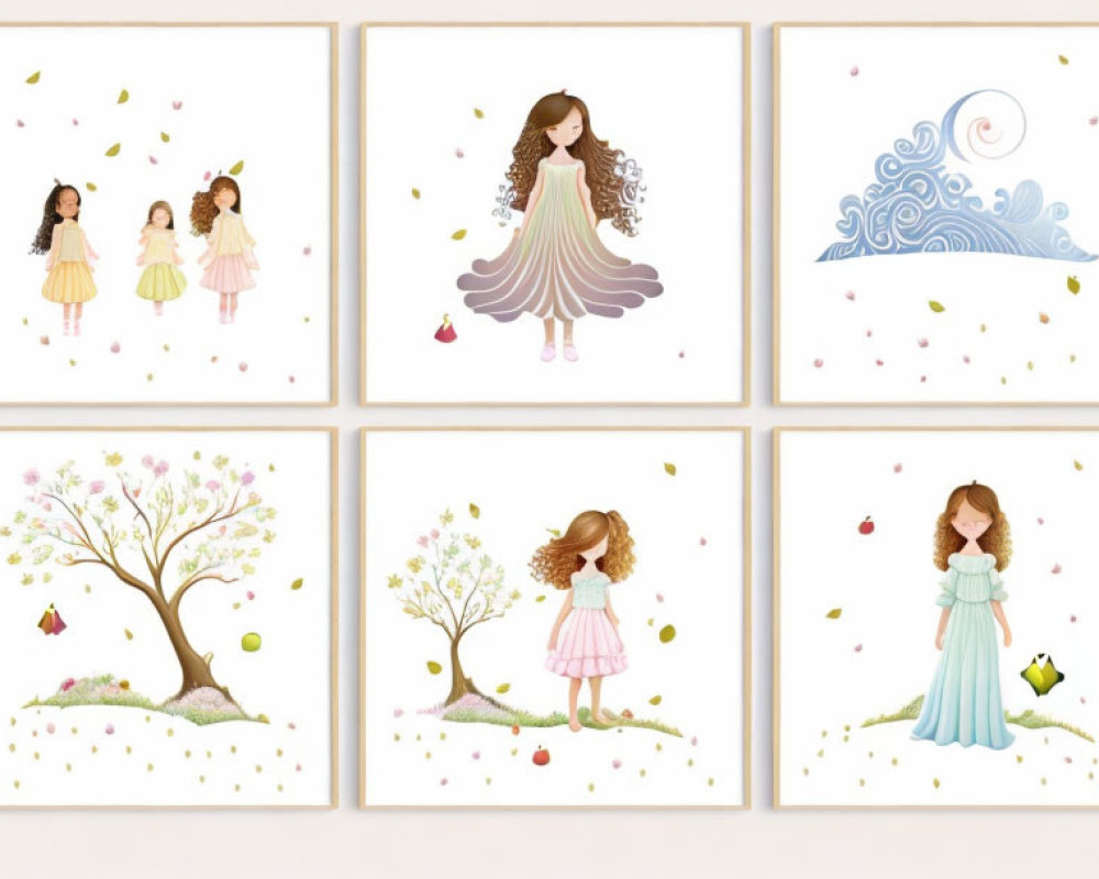 Collection of Framed Illustrations: Girl in Dresses with Nature Elements
