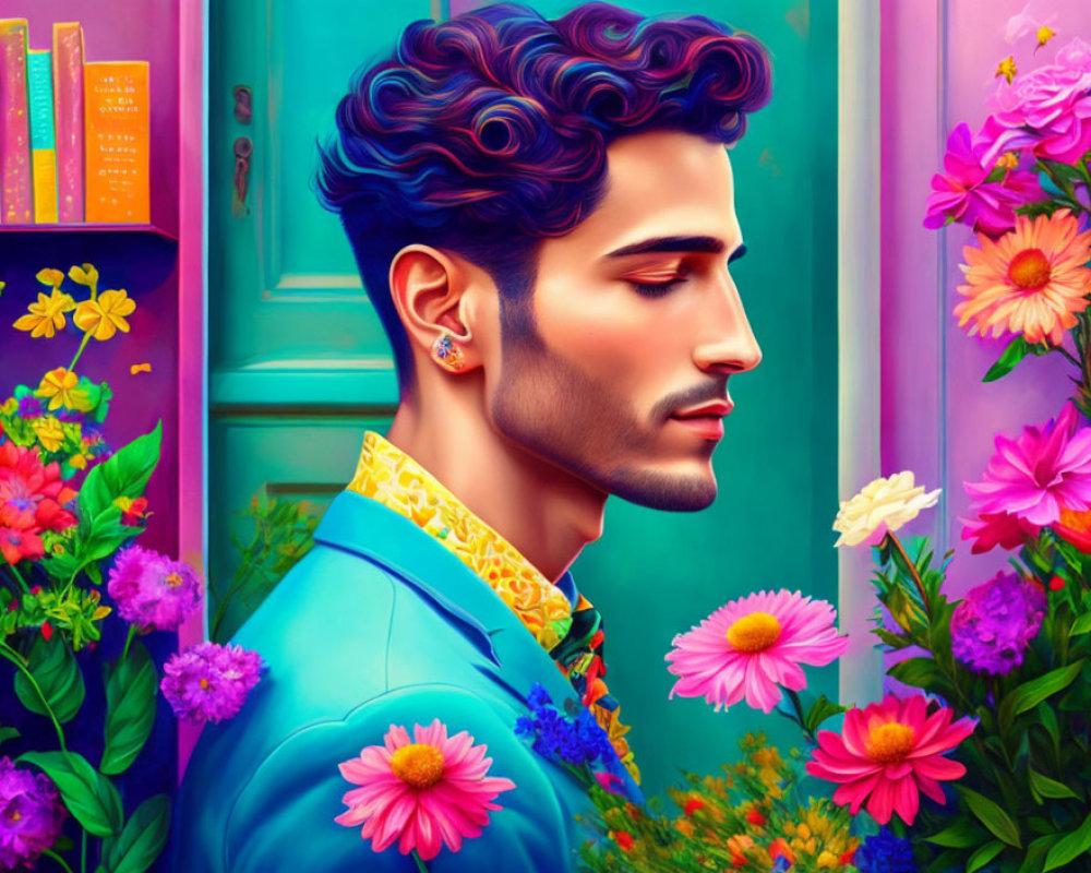 Colorful man with blue hair in vibrant setting