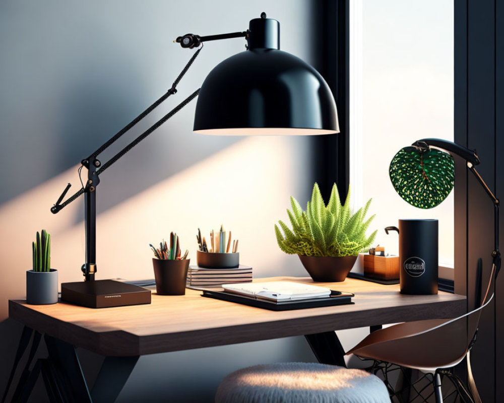 Modern desk setup with adjustable lamp, plants, stationery, notebook, and cup near window with blinds