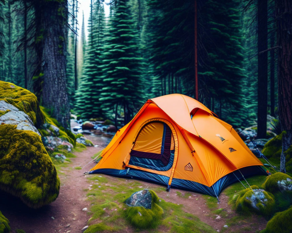Orange Tent in Lush Pine Forest with Moss-Covered Rocks