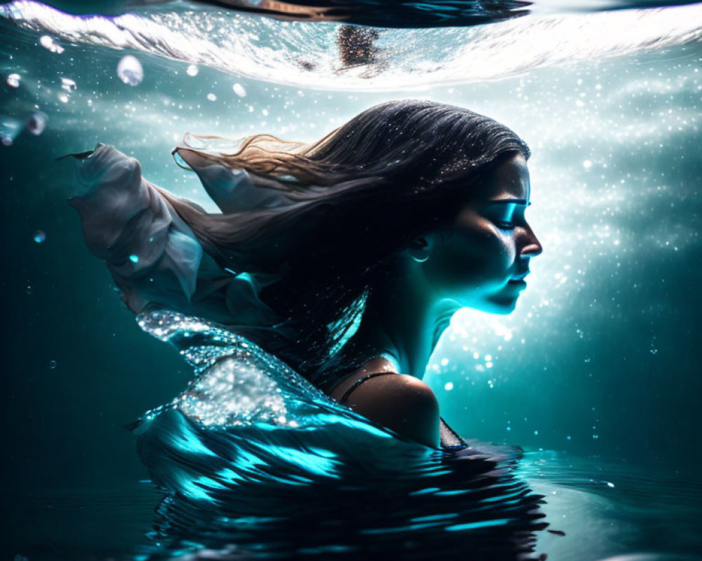 Profile of woman in water illuminated by blue light amidst serene underwater scene