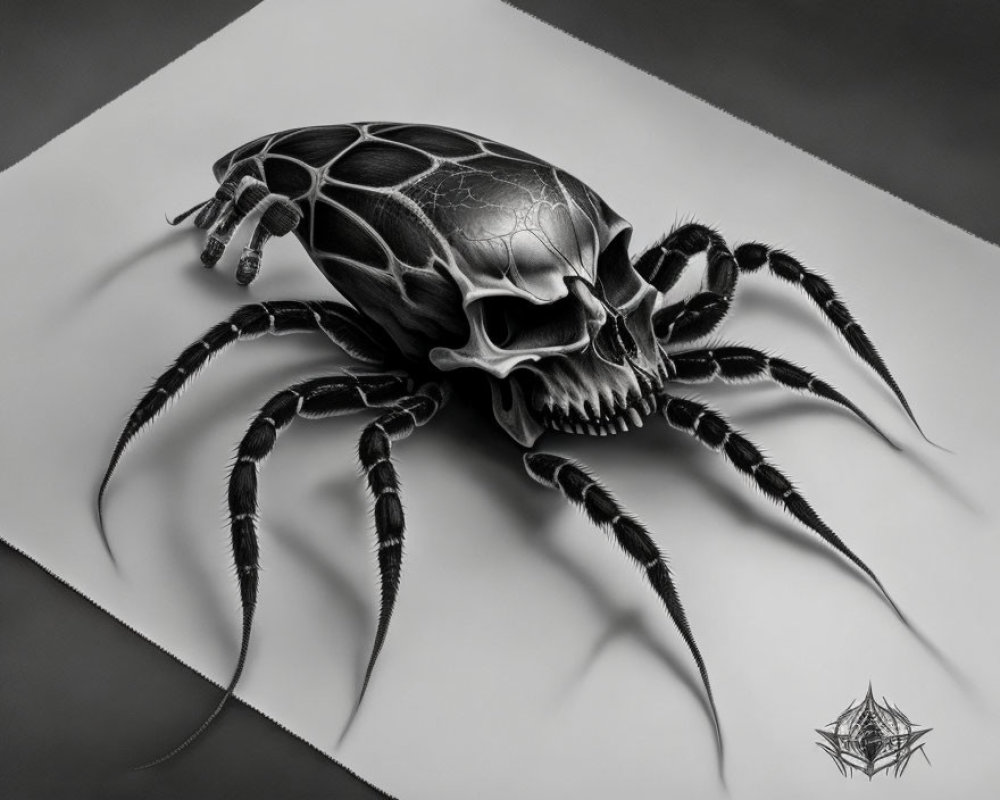 Monochrome spider with skull body, intricate patterns, and menacing pose