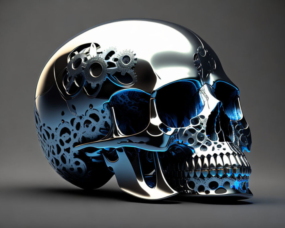 Metallic Skull with Gears and Blue Highlights: Reflective Surfaces and Ornate Patterns