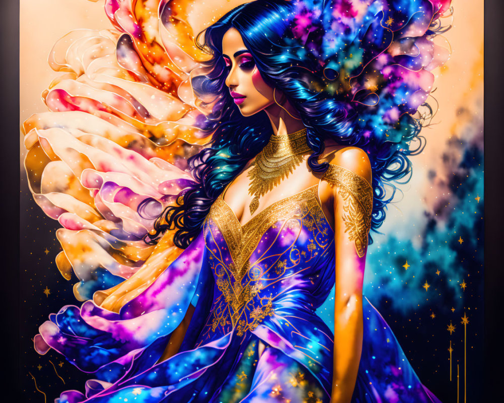 Colorful artwork of woman in flowing attire against cosmic background