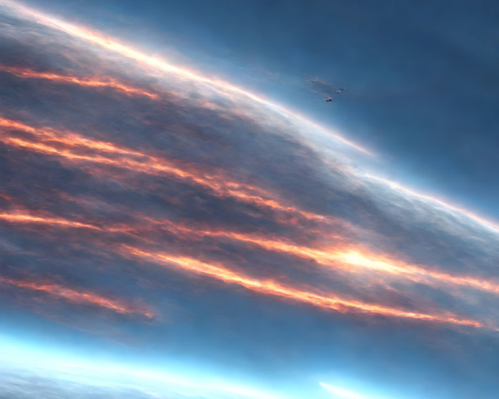 Space scene: Curved planet horizon with spacecrafts and stars