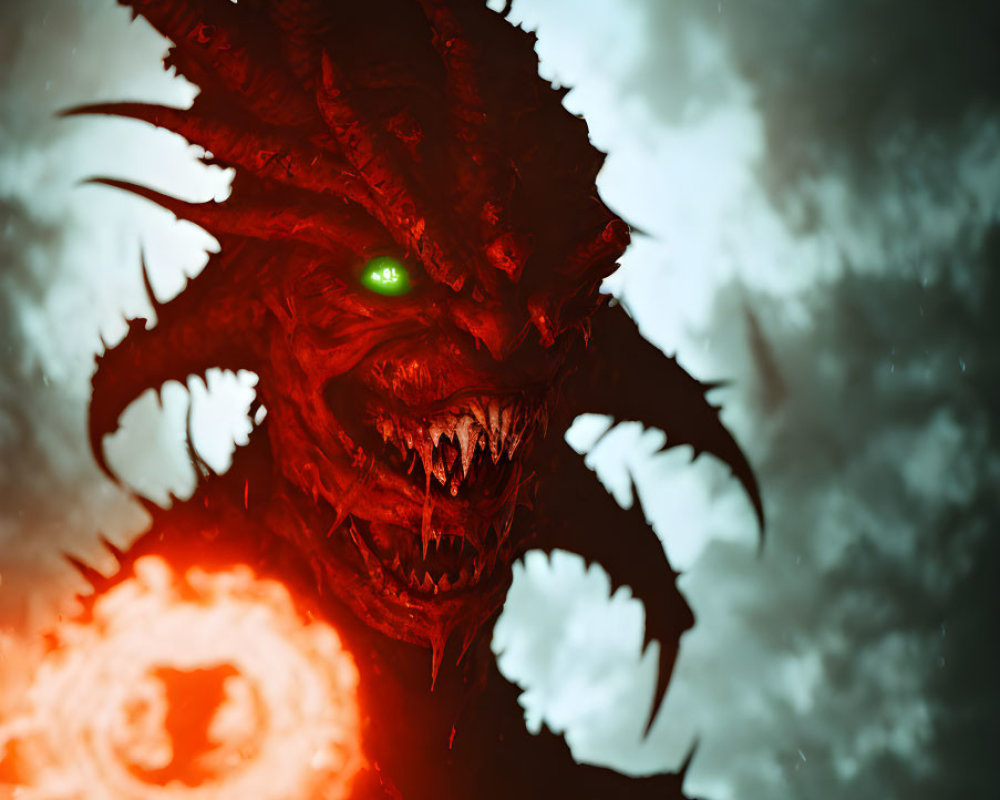 Menacing dragon with glowing green eyes breathes fiery orb in dramatic sky
