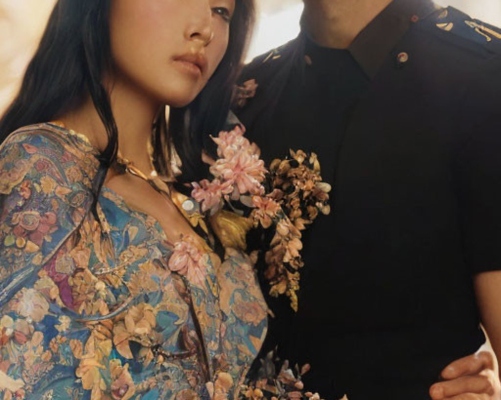 Woman in floral dress and man in uniform with flowers in dimly lit setting