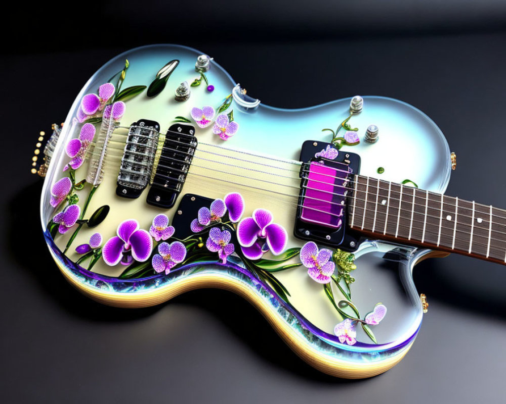 Floral Design Electric Guitar with Purple Flowers and Green Leaves