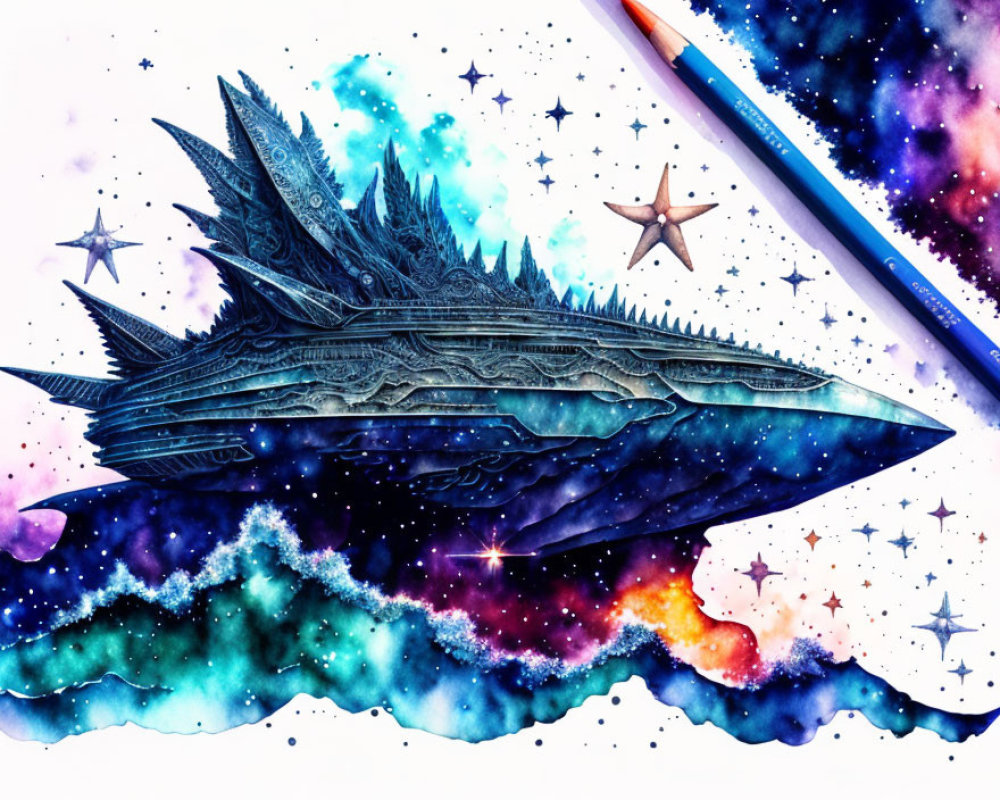 Colorful watercolor spaceship art with pencils in cosmic setting