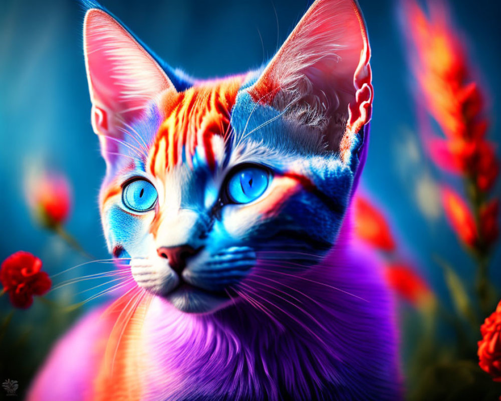 Colorful digital artwork featuring a cat with blue eyes and neon-pink stripes on a blue background.