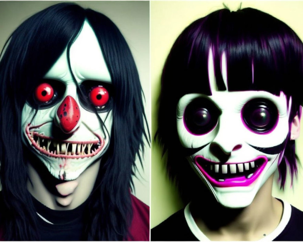 Two individuals in scary clown makeup with red nose and purple accents.