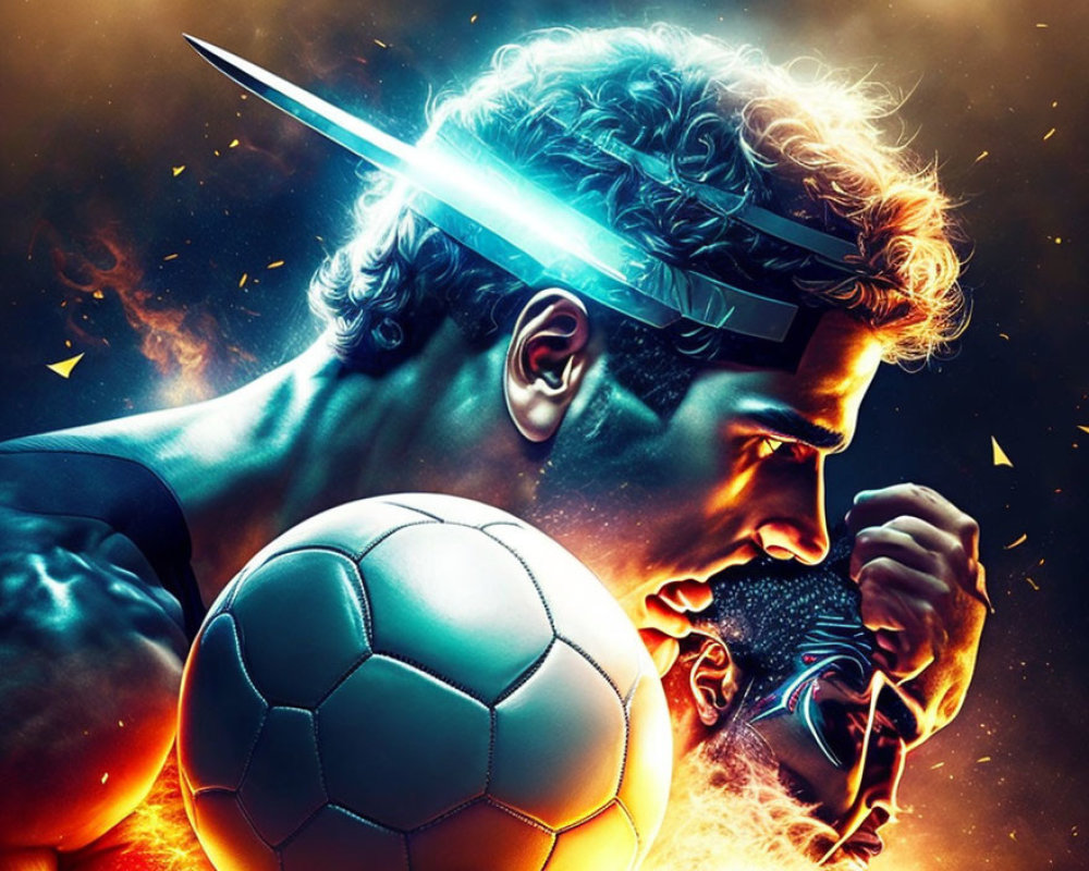 Colorful artwork of man with glowing sword and soccer ball in fiery setting