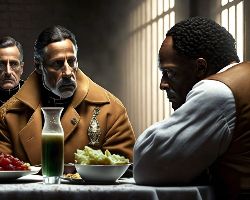 Animated men in intense meeting with food in dimly lit setting
