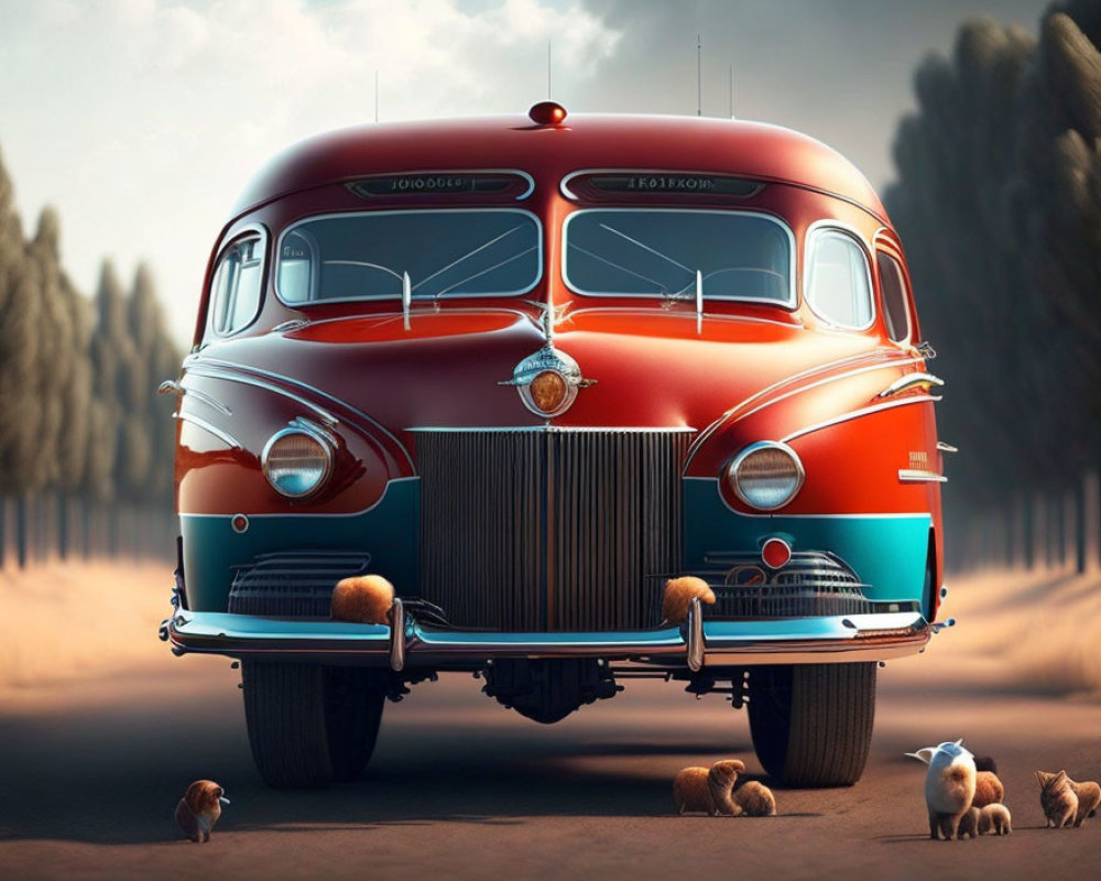 Vintage Red and Turquoise Bus with Chrome Details on Dusty Road
