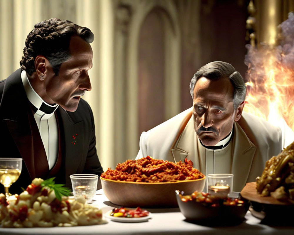 Men in formal wear dining with pasta, fruits, and flaming roast in opulent setting