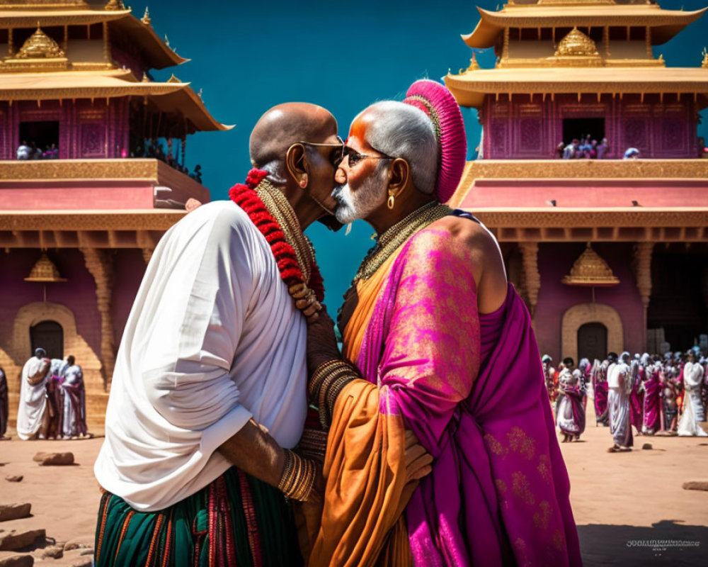 Elderly individuals in South Asian attire greet each other against ornate buildings