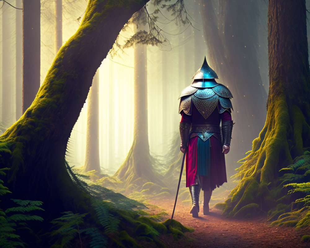 Ornate-armored knight in mystical forest with sunlight filtering.