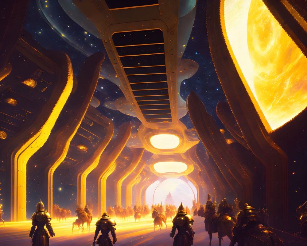 Futuristic space corridor with armored figures and luminous portal