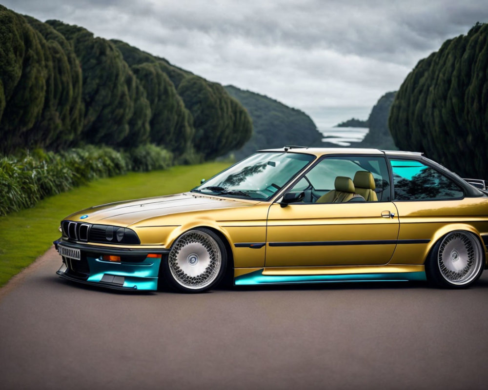 Customized Gold BMW E30 M3 with Blue Accents on Tree-Lined Road