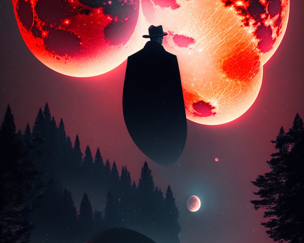 Cloaked figure in surreal landscape with glowing red planets