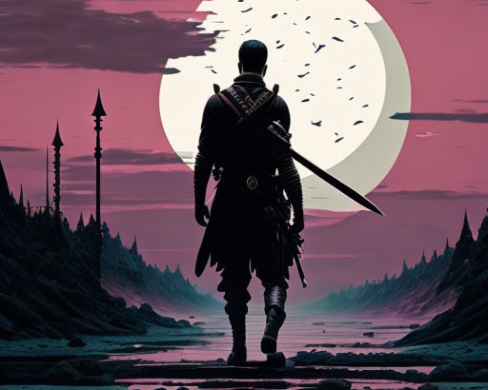Warrior standing before large moon in dusk-hued landscape