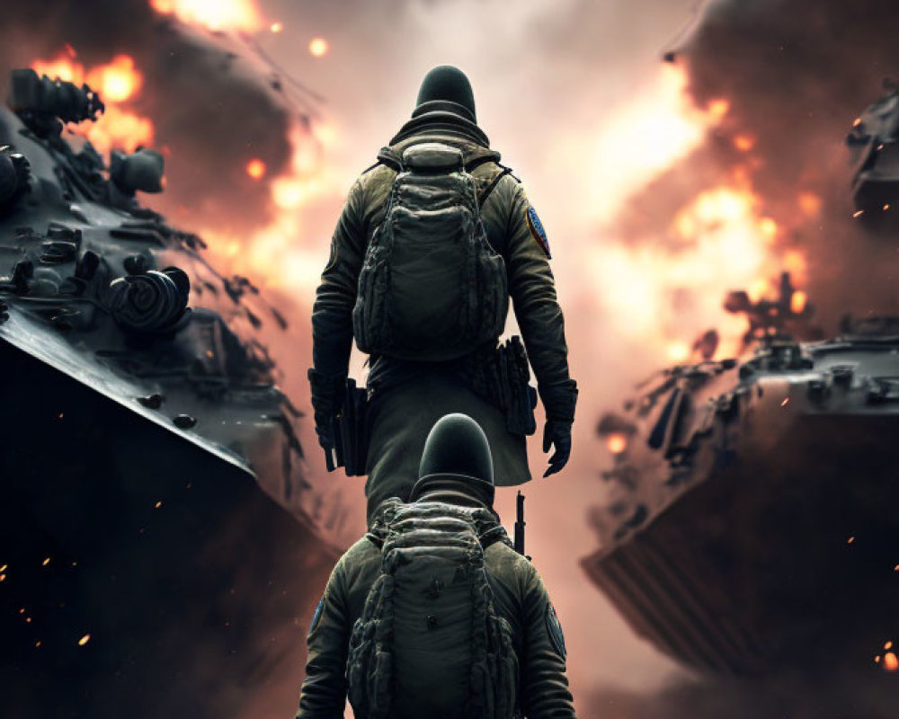 Military soldiers approaching battlefield with warships and explosions.
