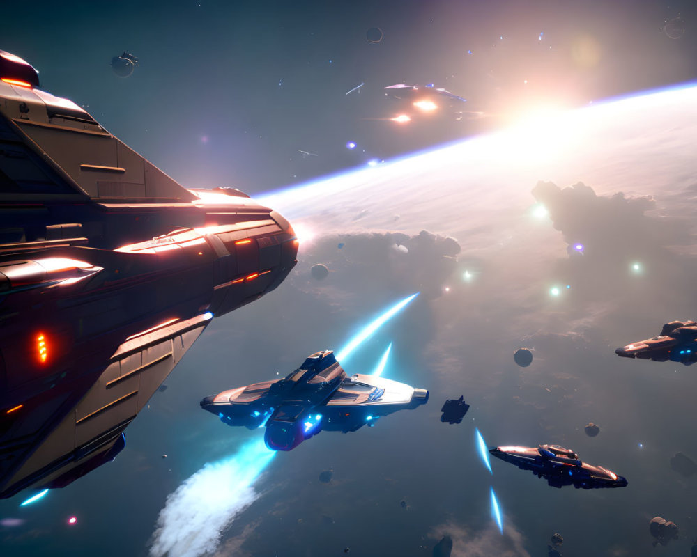 Futuristic spaceships in vibrant cosmos with blazing engines