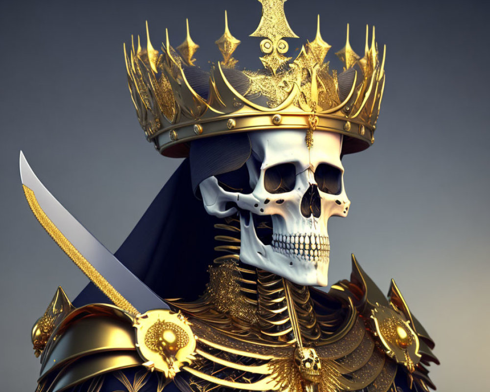 Skeleton in Golden Crown and Armor Holding Sword on Muted Background