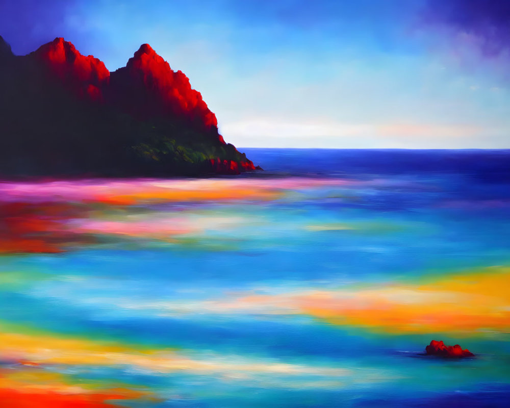 Colorful Coastal Scene Painting with Mountainous Backdrop and Reflective Water
