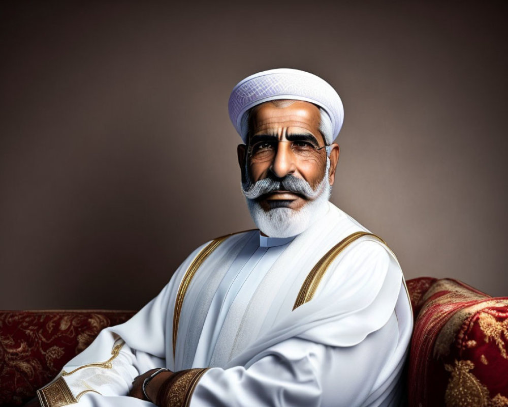 Distinguished man in Arabian attire with mustache on ornate couch