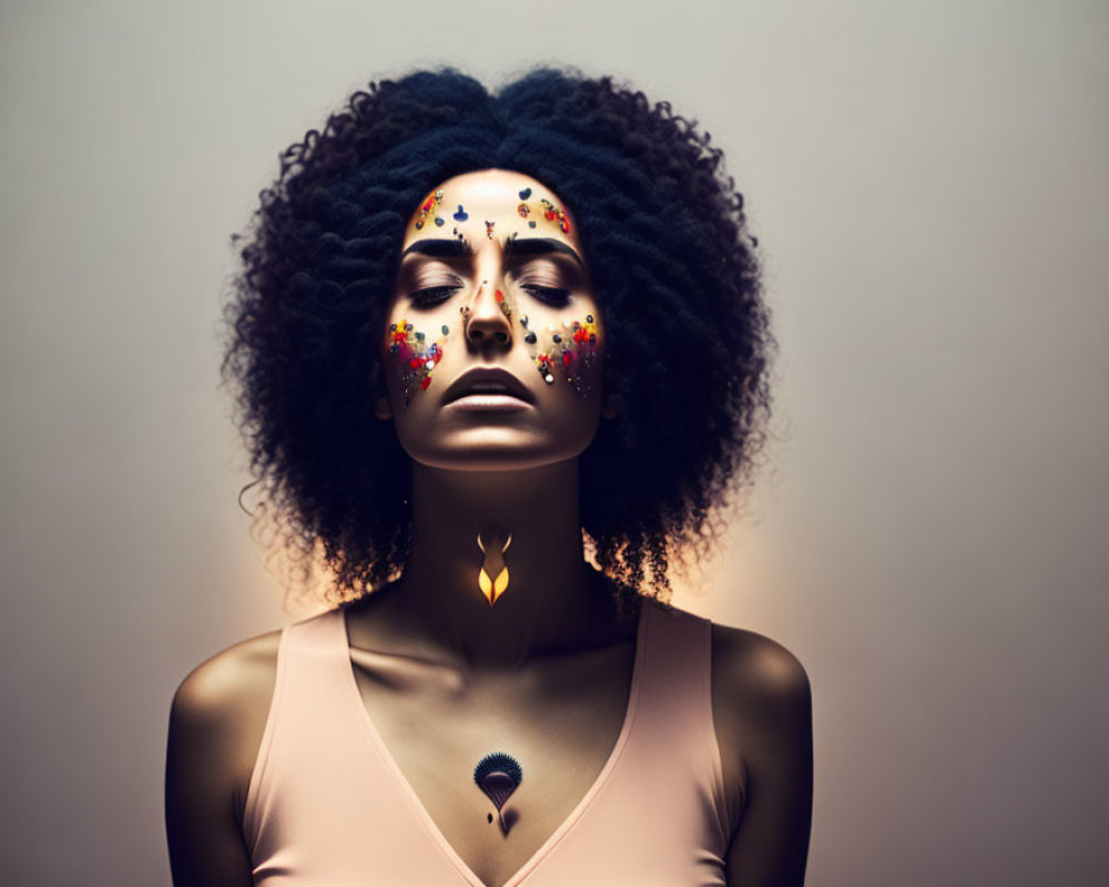 Woman with Afro Hairstyle and Flower Petals, Candle Lit Below Chin