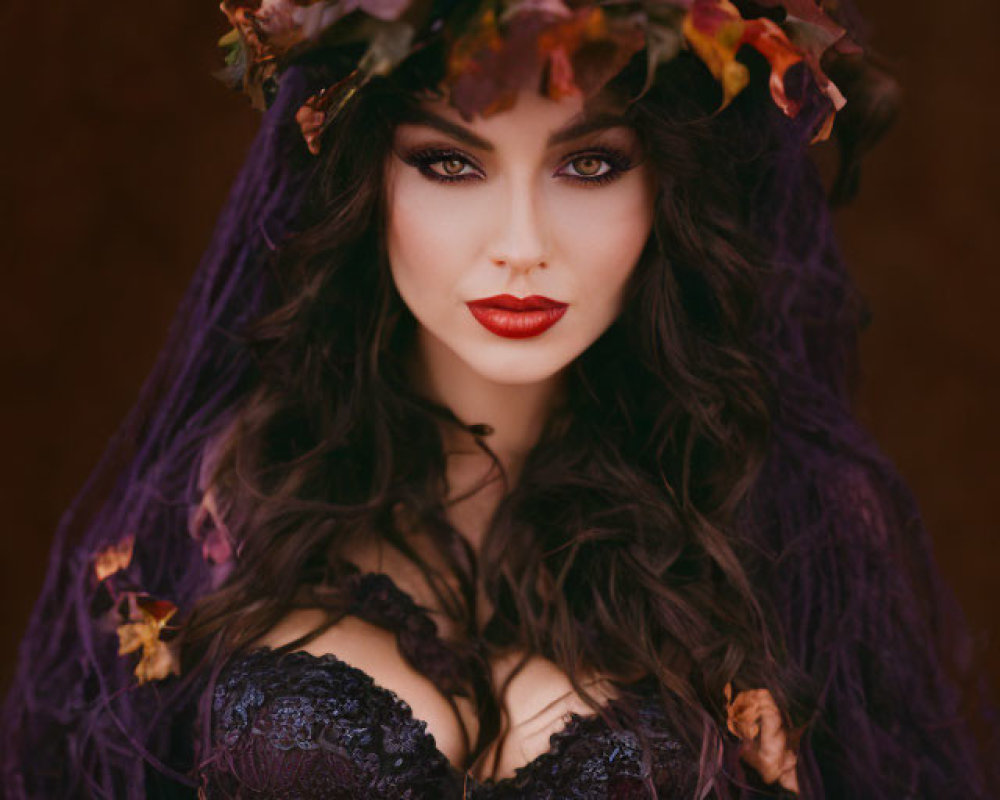 Woman in dark lace garment with autumn leaf hat holding pumpkin
