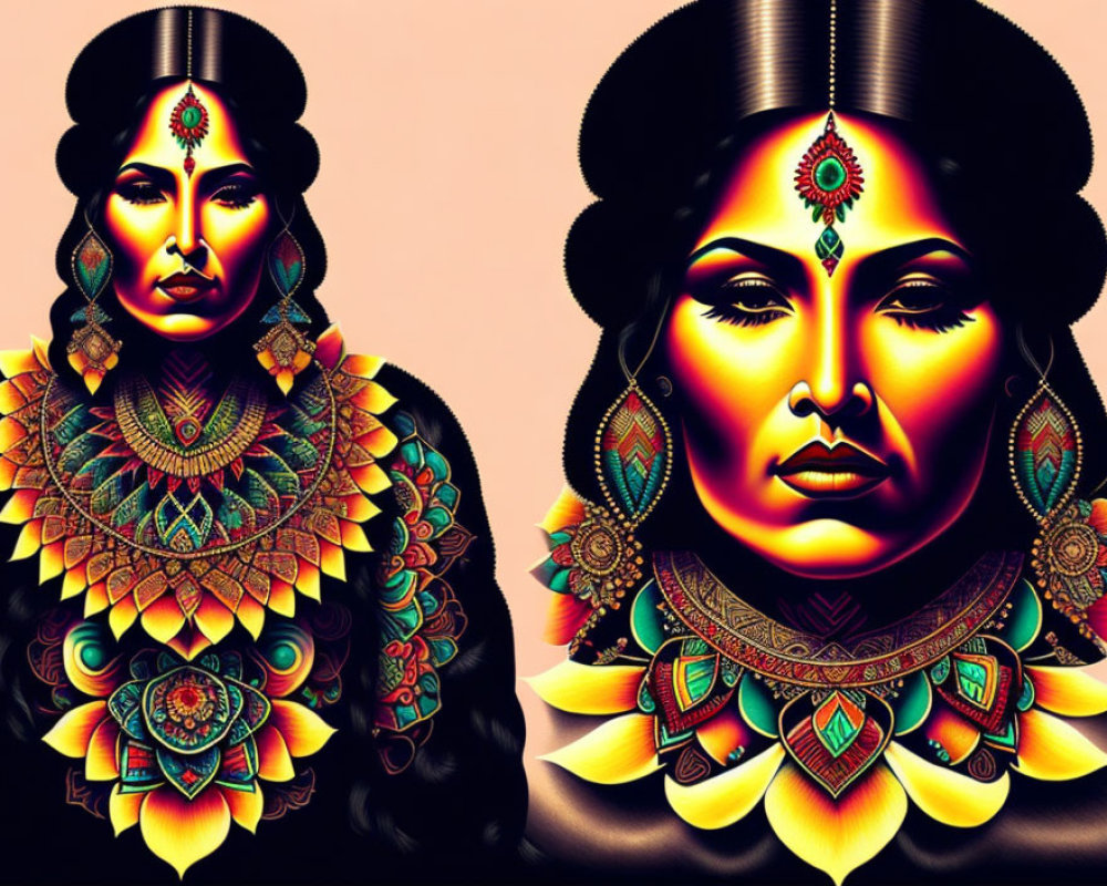 Colorful Stylized Portraits of Woman in Ethnic Jewelry & Headdress