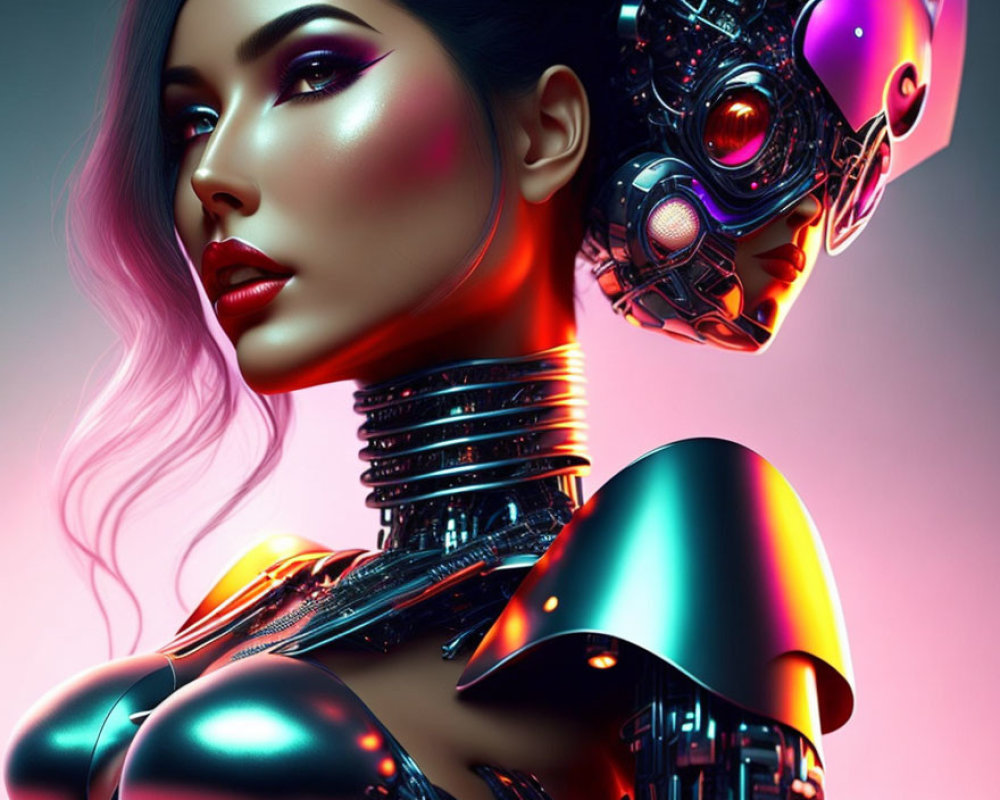 Futuristic image of woman with glowing makeup and detailed robotic head on colorful backdrop