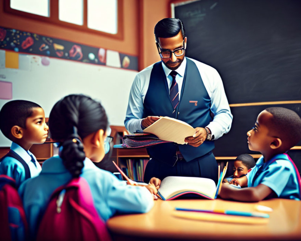 Teacher and three students in blue uniforms reading book in classroom