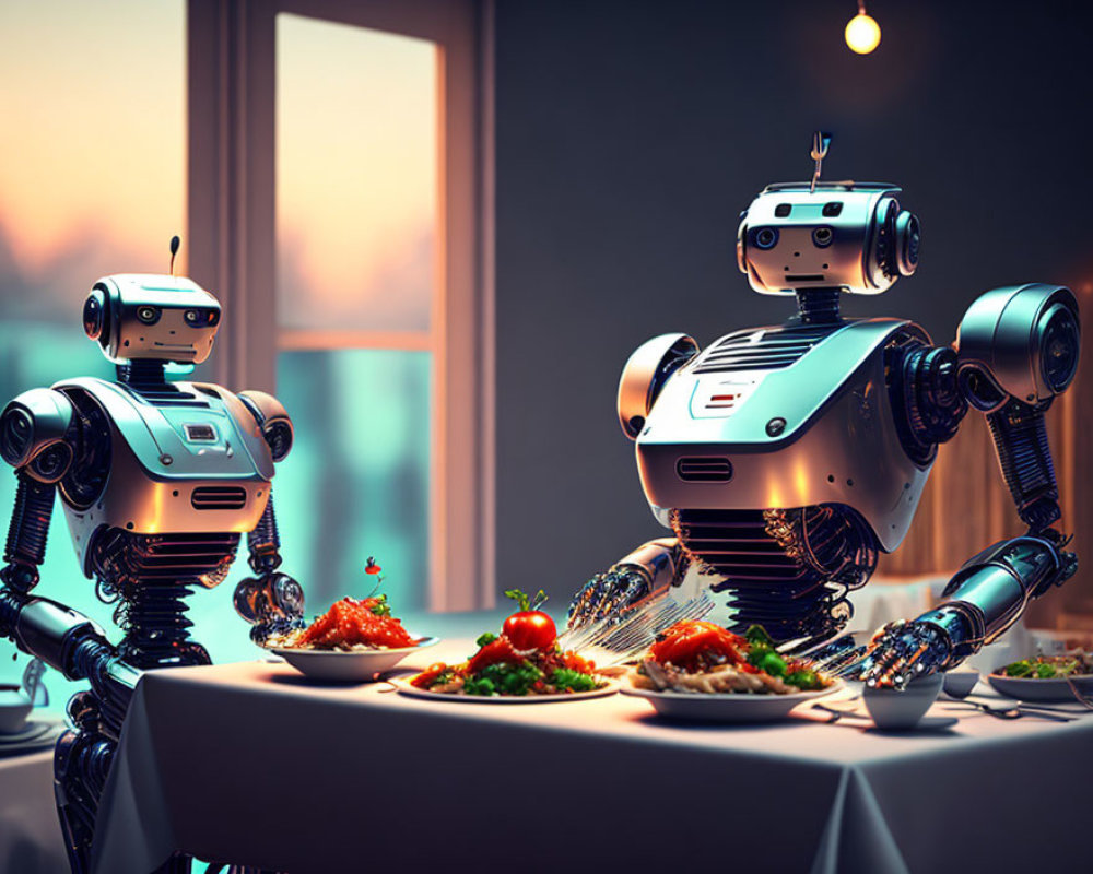 Robots preparing dinner in a kitchen at dusk