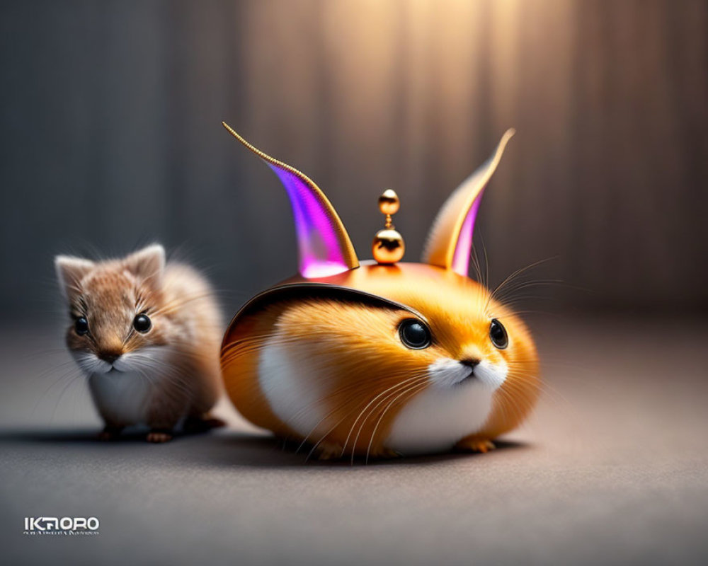 Round-bodied cat-like creature and fluffy rodent in whimsical digital art