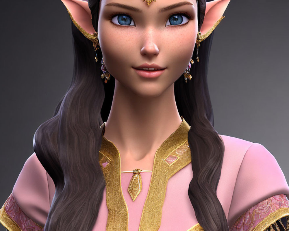Elf woman digital artwork: pointed ears, blue eyes, golden jewelry, pink & gold outfit