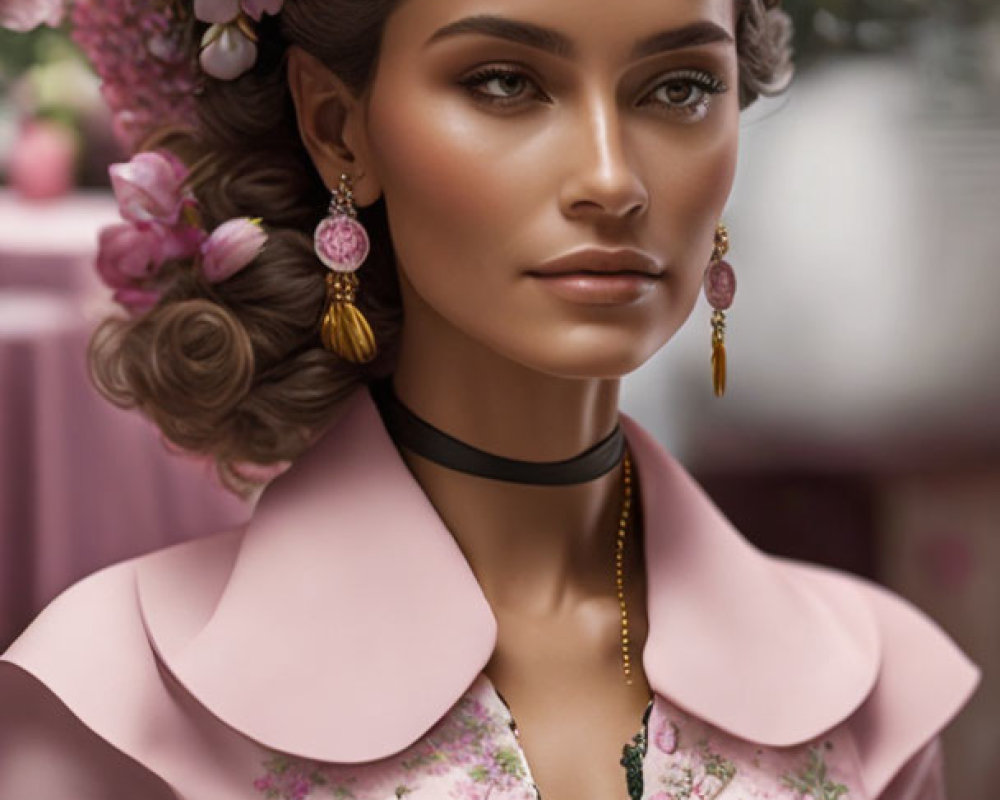 Woman wearing floral crown and patterned dress with pink collar and black choker, surrounded by roses.